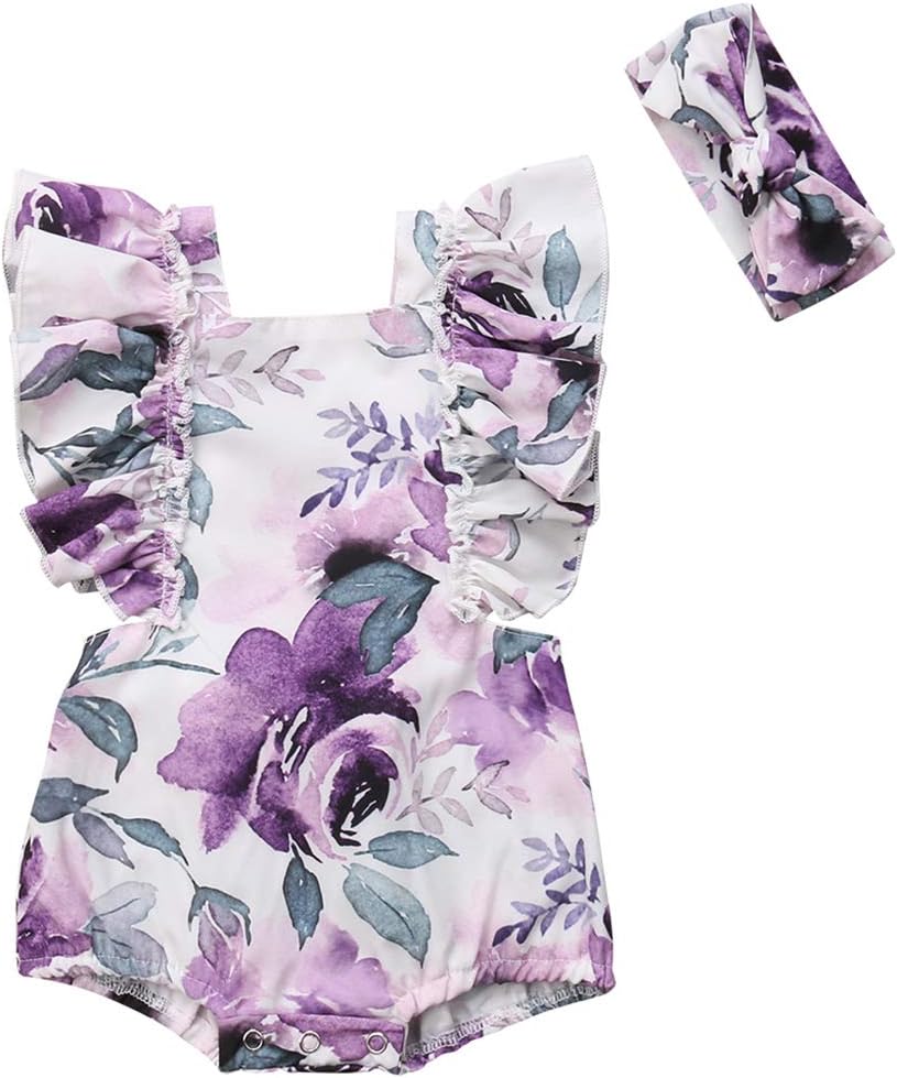 Newborn Baby Girls Sleeveless Flutter Sleeve Floral Romper with Headband Outfits