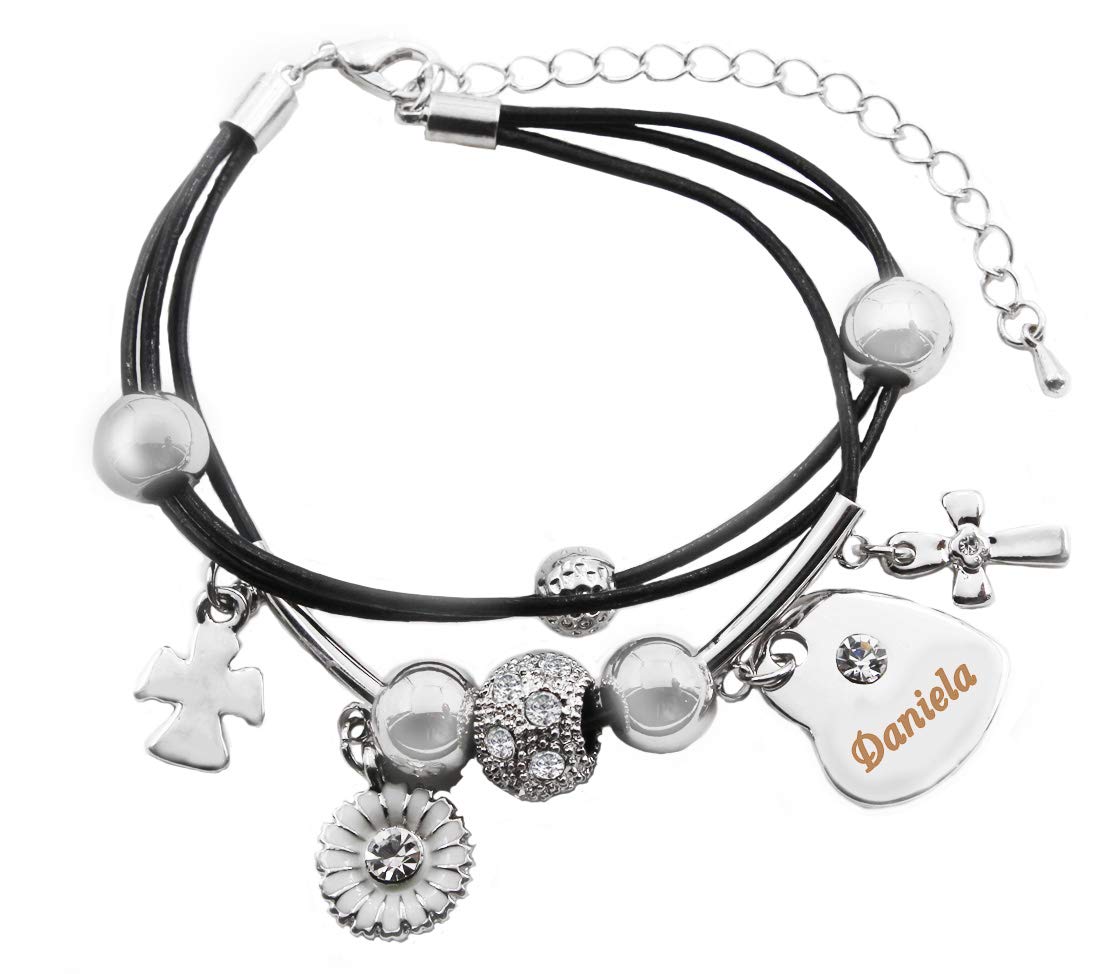 Kigu Daniela Name Bracelet - Genuine Leather Multi Strand Bracelet & 18K White Gold Plated Engraved Heart Charm