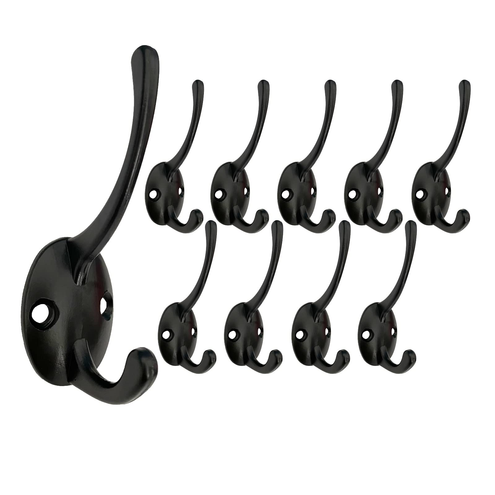 Beilala Coat Hooks Wall Mounted, 10 Pack Black Retro Wall Hooks Double Prong Metal for Hanging Coat, Clothes, Robe, Towel, Hat, Bag, Key