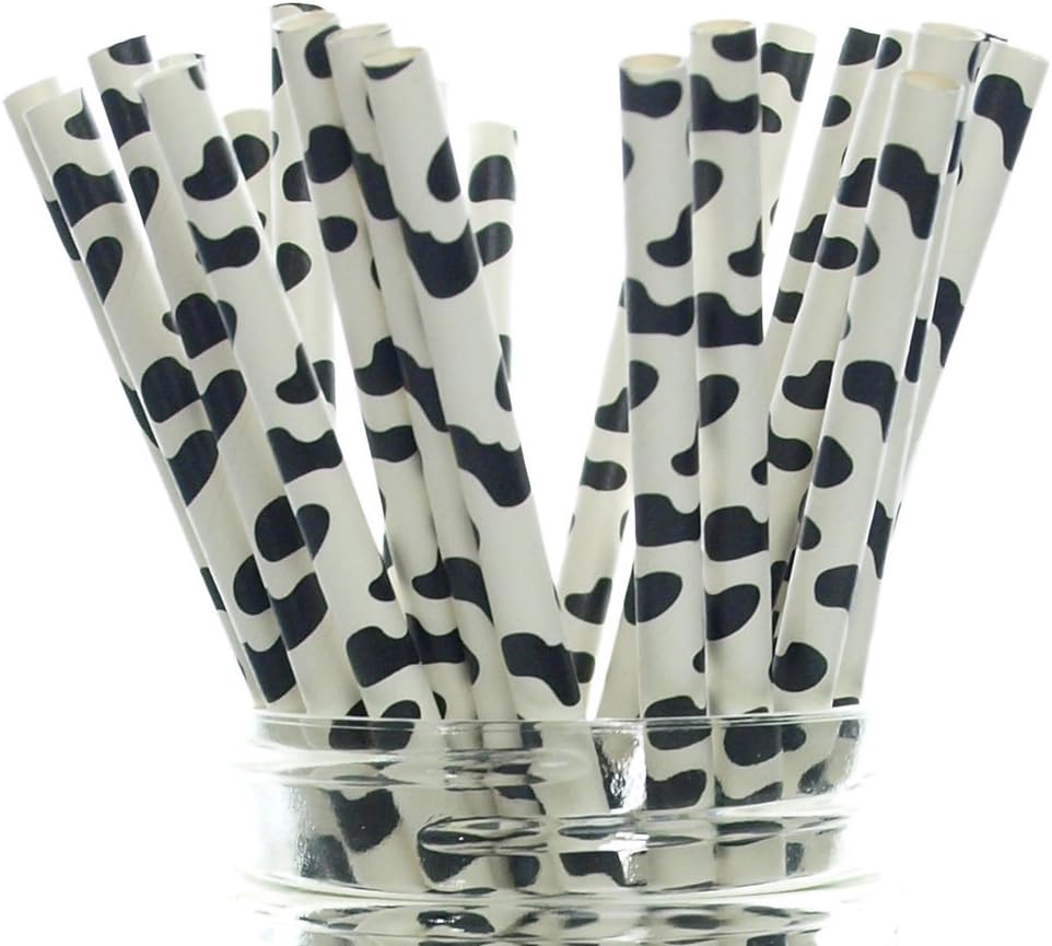Cow Party Straws, Barnyard Paper Straws (50 Pack) - Farm Birthday Party Supplies, Cow Hide Print Straws, Animal Party Tableware & Paper Drinking Straws