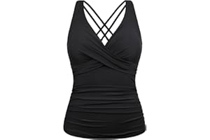 Hilor Women's Tankini Tops Underwire Tummy Control Swimsuit Strappy V Neck Bathing Suit Top Only