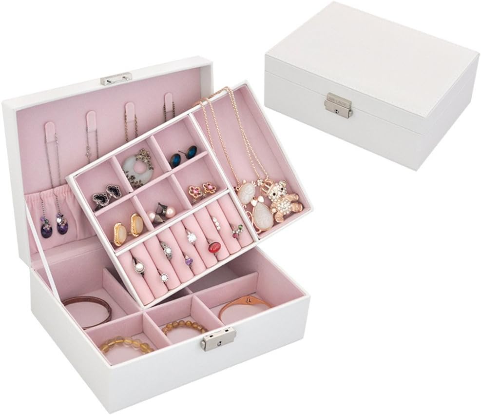NirongLavie Jewelry Box Women Jewellery Storage Case Girls Jewelry Organizer 2 Layer 13 Section Small Square Leather Lockable Jewelry Display Box Mini Travel Style Birthday Christmas Gifts White
