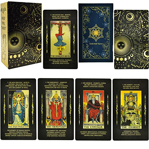 Smoostart PVC Tarot Cards with Meanings on Them, PVC Waterproof Anti-Wrinkle Luxury Gold Foil Tarot Cards Deck with Guidebook and Exquisite Box for Beginners and Professional Player Black