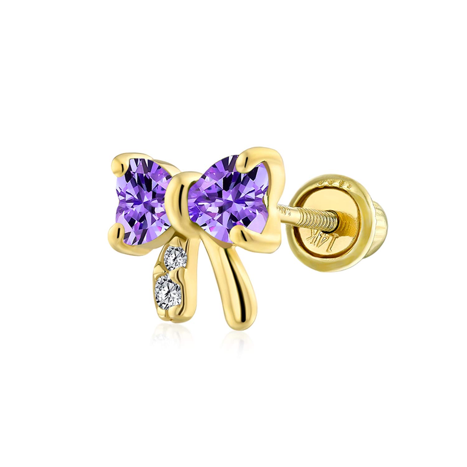 Gold Small Bow Stud Earring with Simulated Purple Amethyst CZ Elegant Cartilage Piercing for Women with Screw Back