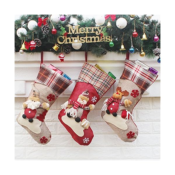 YAMUDA Christmas Stocking, 18" Set of 3 Santa, Snowman, Reindeer, Xmas Character 3D Plush with  Rustic Burlap Christmas Decorations and Party Accessory(Xmas-01) - Image 3
