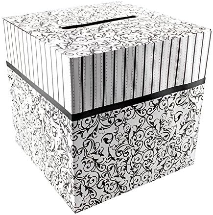 Deco4Fun Decorative 10" x 10" Card Box with Slot - White with Black Stripes and Swirling Flourishes Design - Lightweight Cardboard - Wishing Well Money Letter Gift Wedding Memory Memento (1 Box)