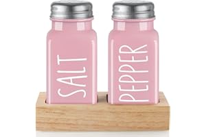Pink Salt and Pepper Shakers Set with Holder - Pink Kitchen Home Decor and Accessories - Dopeca Glass Salt Shaker with Wood Tray for Kitchen Counter or Table -2.7 oz
