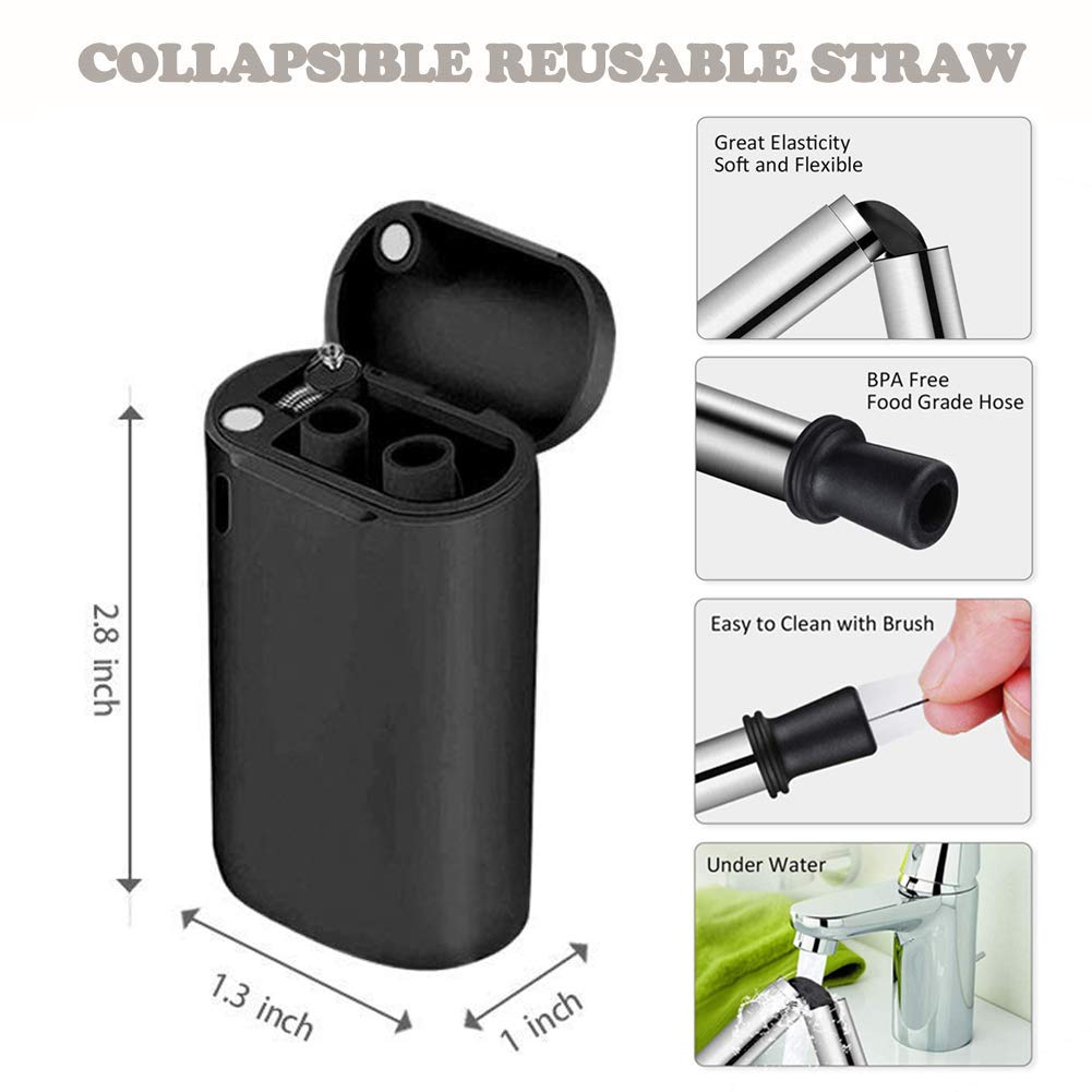 Tegutor 2 Pack Collapsible Reusable Straws, Stainless Steel Folding Drinking Food-Grade Silicone Straw, Portable with Hard Case Holder and Cleaning Brush for Party, Travel, Outdoor, Household, etc