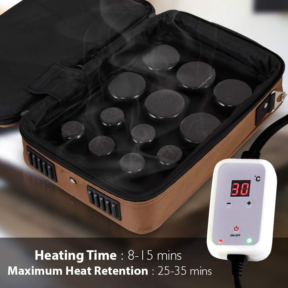 Portable Massage Stone Warmer Set - Electric Spa Hot Stones Massager Heater Kit 6 Large 6 Small Round Shaped Basalt Massaging Rocks, Digital Controller Heating Bag - SereneLife PSLMSGST40