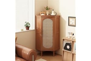 Retro Bamboo Corner Cabinet with Doors, 4-Tier Corner Storage Shelf, Floor Standing Corner Organizer for Living Room, Bedroom