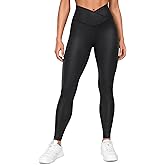 CRZ YOGA Womens Butterluxe Matte Faux Leather Cross Waist Leggings 28" - V Crossover High Waisted Lounge