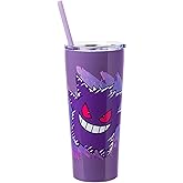 Silver Buffalo Pokemon Gengar Double-Walled Stainless Steel Purple Tumbler with Lid and Reusable Straw, 22 Ounces
