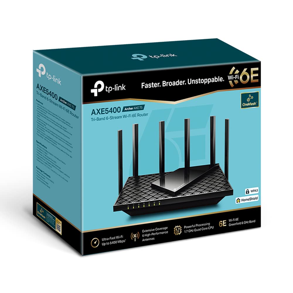 TP-Link Archer AXE75 AXE5400Mbps WiFi 6E Router Tri-Band, Gigabit Ethernet Ports, USB 3.0, WiFi Booster, 512MB RAM, OneMesh, WPA3, Ideal for Gaming, HomeShield, Compatible with Alexa
