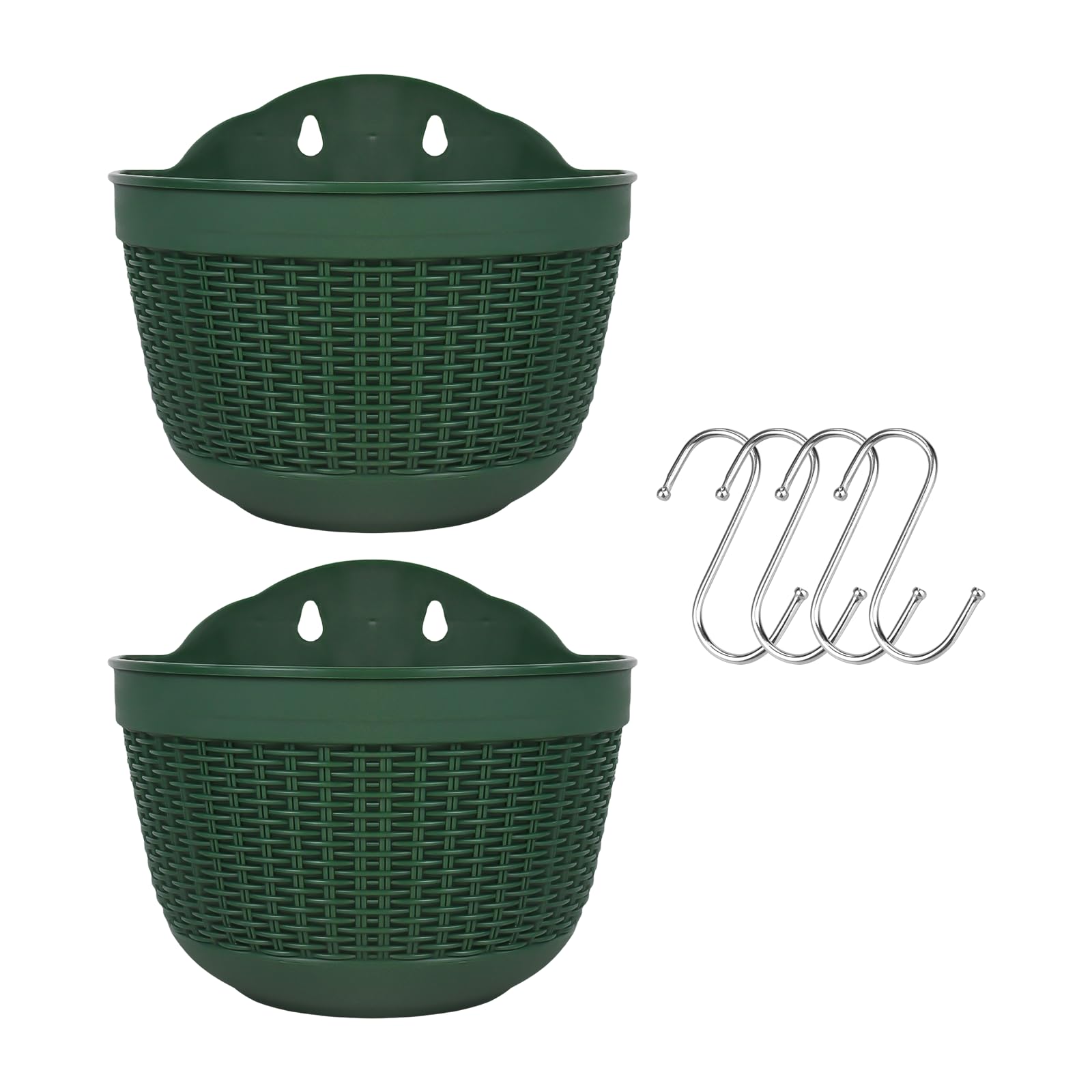 BULZEU Set of 2 Pcs Hanging Planters Outdoor Hanging Basket Plastic Flower Pot Plants Holder Hanger for Balcony Fence Wall Mounted Planters Hanging Fence Planters with Drainage and 4 Hooks