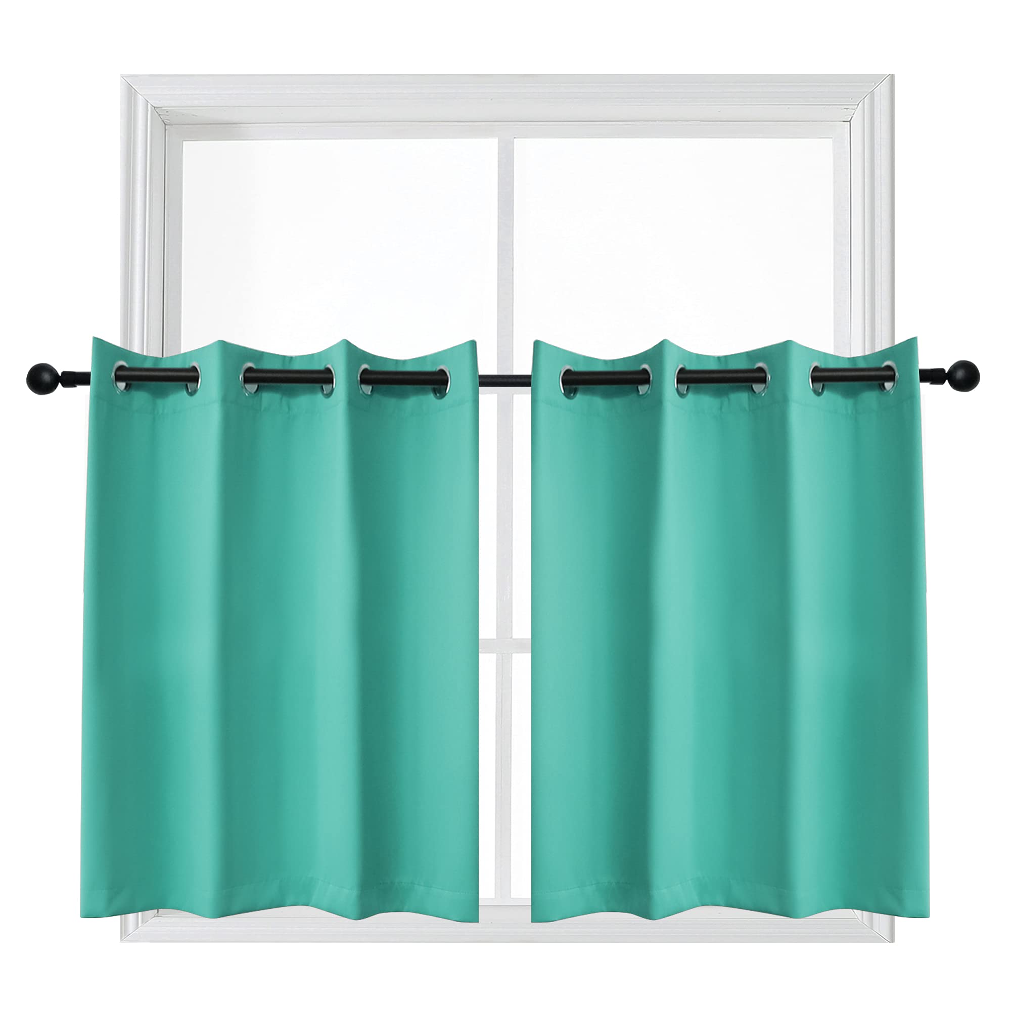 YGO Blackout Grommet Top Curtain Tiers - Thermal Insulated Short Drapes for Small Windows Kitchen 52 x 24 Inches Turquoise 2 Pieces
