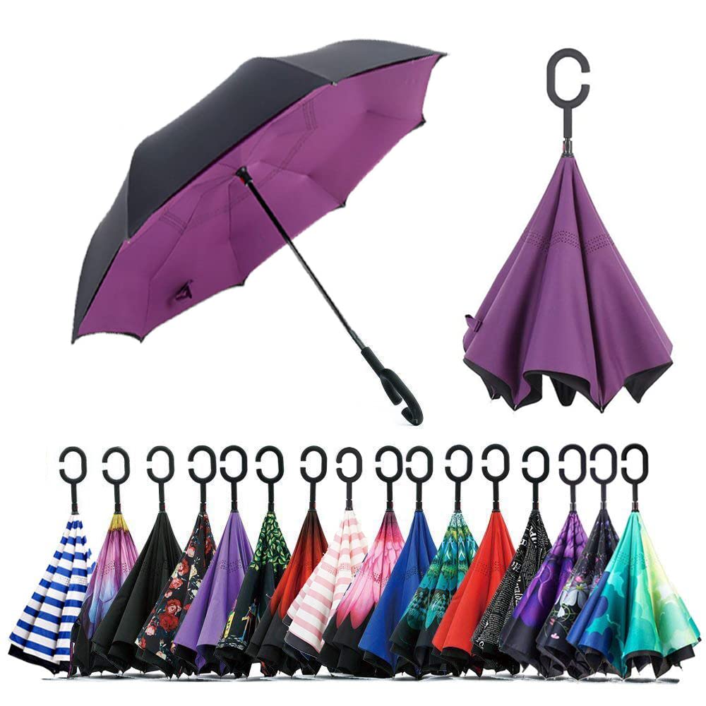 NNY Inc Double Layer Inverted Umbrella Cars Reverse Open Folding Umbrellas, Windproof UV Protection Large Self Stand Upside Down Straight Umbrella for Golf Women and Men with C-Shaped (Purple)