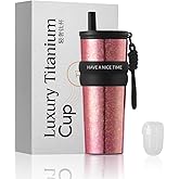 ZING TTI Titanium Coffee Tumbler with Titanium Straw & Flip Lid, Hot & Cold Beverage Travel Mug, Double-Wall Vacuum Insulated Cup, Portable Coffee Cup with Gift Box, 24 oz (Pink purple)