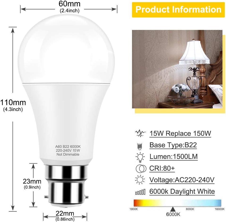 PURSNIC B22 LED Bulbs, 15W B22 Bayonet Light Bulbs Equivalent to 150W Incandescent Bulb - Image 3