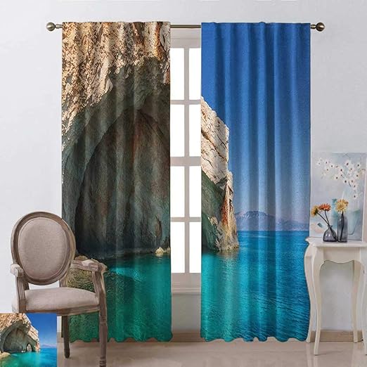 youpinnong Grecia, cortinas para puerta de ventana, cueva marina en la
