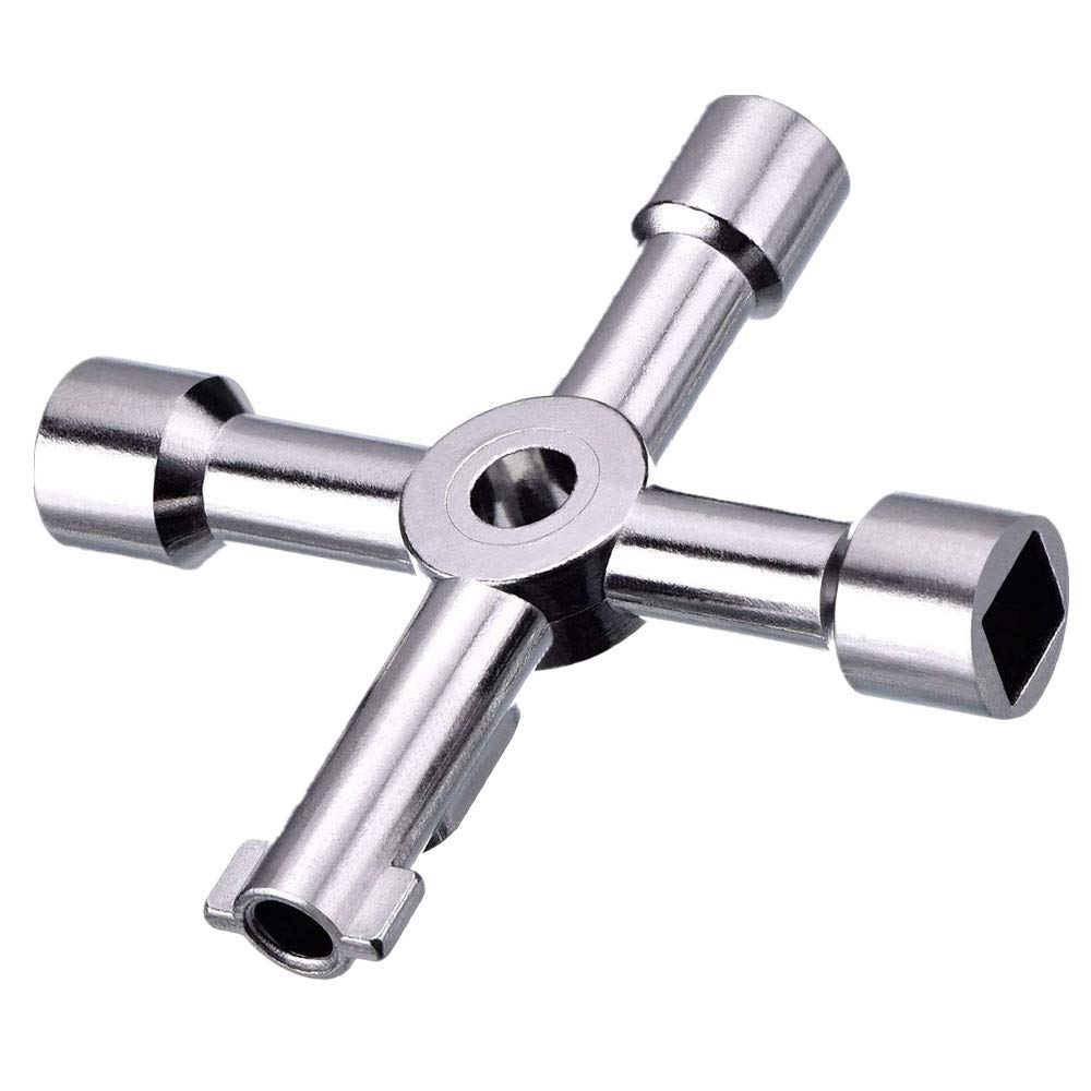 VOARGE 4 Way Multifunctional Utilities Key Multifunctional Cross Key Control Cabinet Key Electrolytic Surface Zinc Alloy Plumber Electricians Tools (Silver)