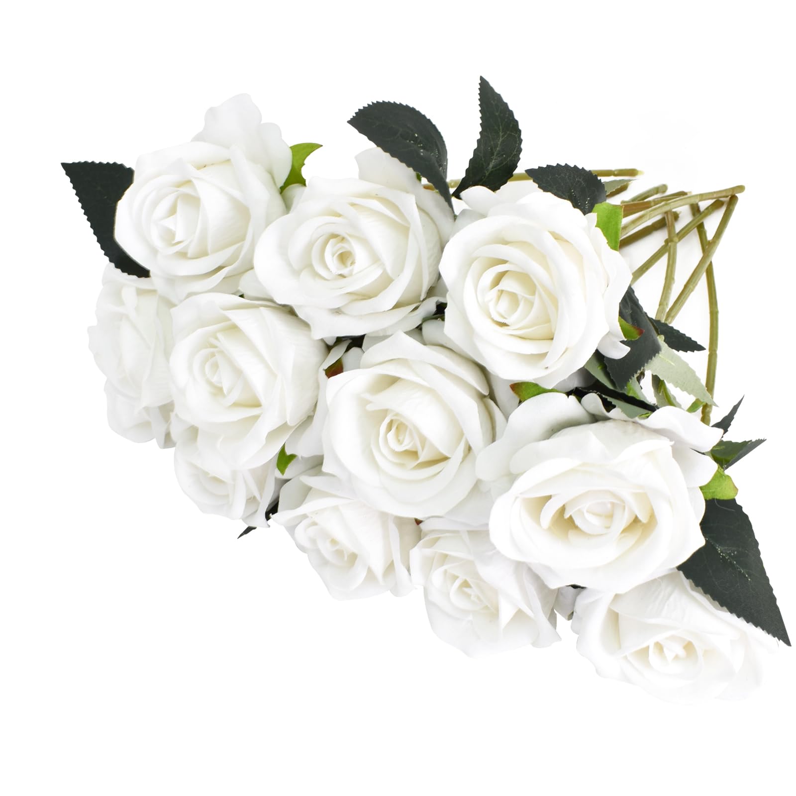 Disnace 12 Pcs Artificial Roses, 30cm Single Long Stem Artificial Flowers Fake Roses Silk Fake Faux Flowers Wedding Bouquet Realistic Flower for Home Garden Party Hotel Office Decoration (White)