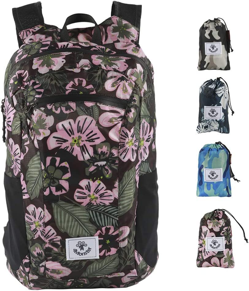 4Monster Packable Backpack Ultra Lightweight, Foldable Backpack Water Resistant, Hiking Daypack for Travel Camping Outdoor, Daily Walk-around, Cycling, Sports, Excursions(Pink Flower, 24L)
