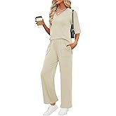 LOMON Women's 2 Piece Lounge Pajama Sets Soft 3/4 Sleeve Tops and Wide Leg Pants Loose Casual Outfits with Pockets