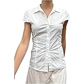 Women Y2k Short Sleeve Button Down Shirts Casual V Neck Button Up Top Vintage Slim Fit Collared Going Out Blouse