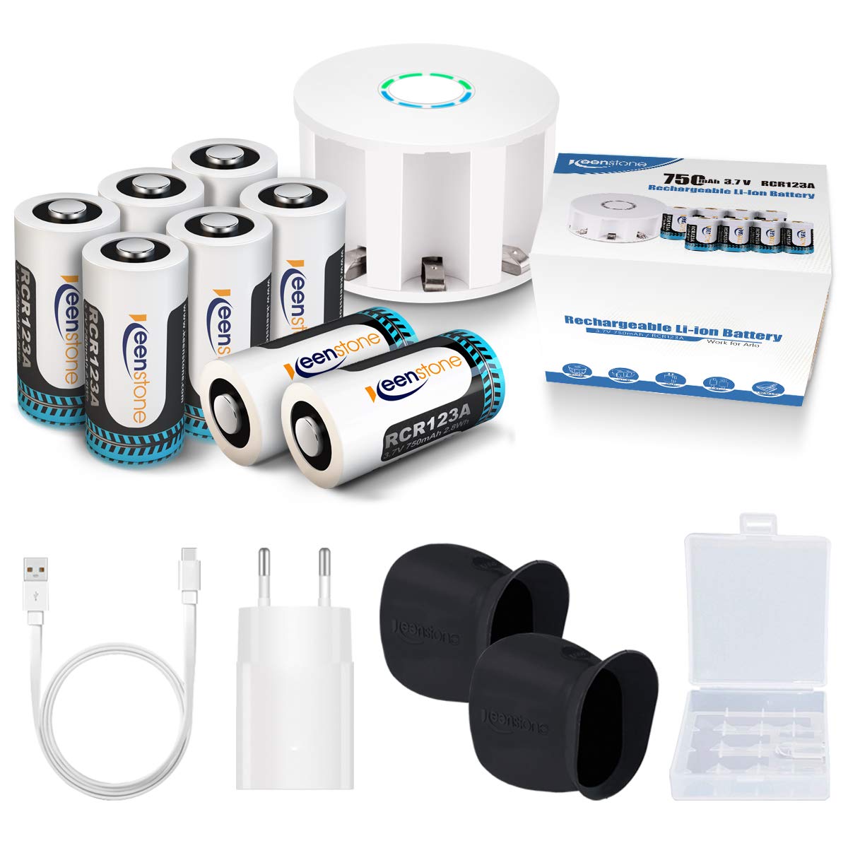 Arlo Kamera Batterien 8 Stücke, Keenstone Wiederaufladbare 3.7V 750mAh Li-ion Arlo Akkus, mit 2 Silikon Hüllen und Batterie Gehäuse für Arlo Überwachungskamera VMC3030/3230/3330/3430