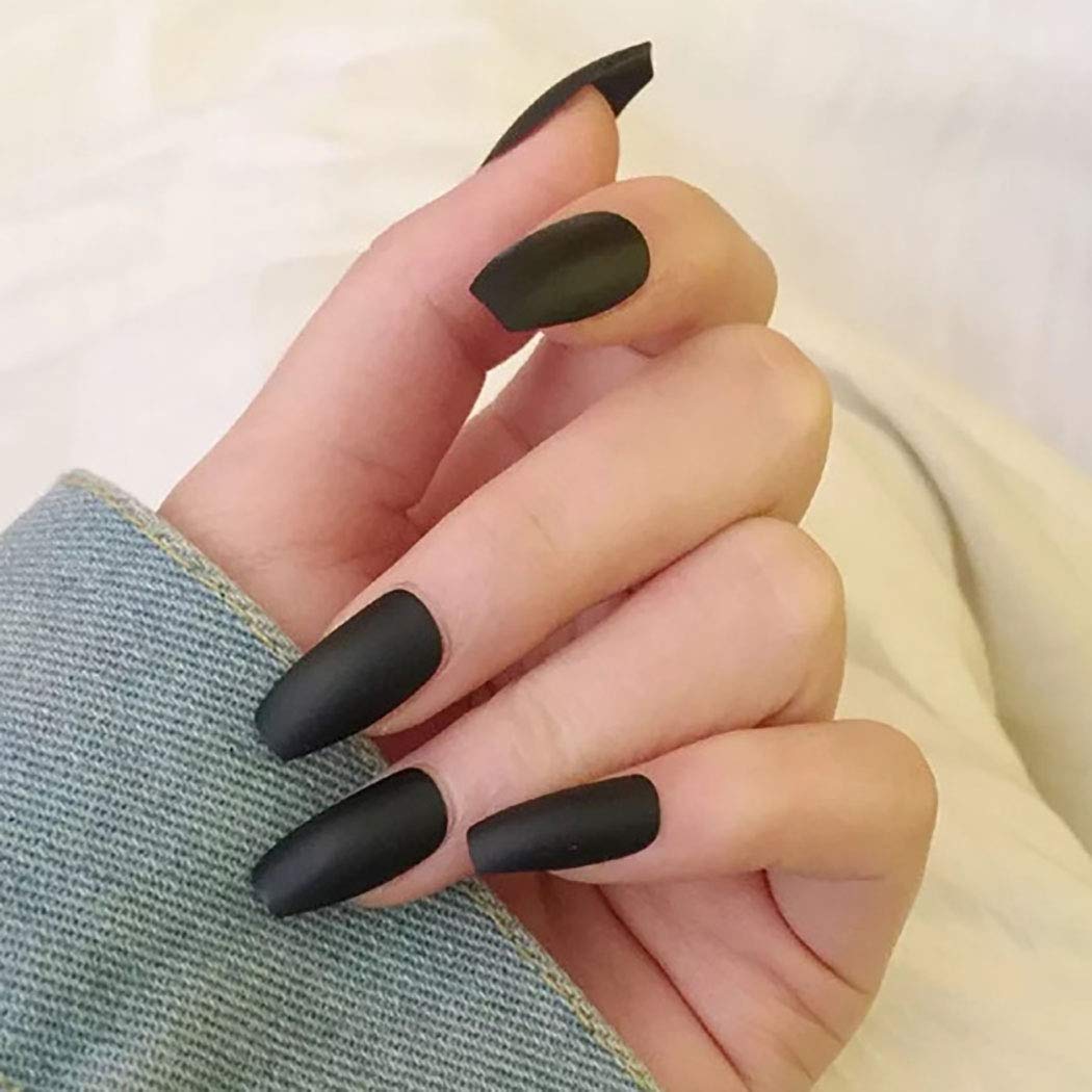 Fairvir Fashion Matte Fake Nails Black Coffin Full Cover Aryclic Ballernia False Nail Daily Party Clip Press On Nails for Women and Girls（24Pcs)