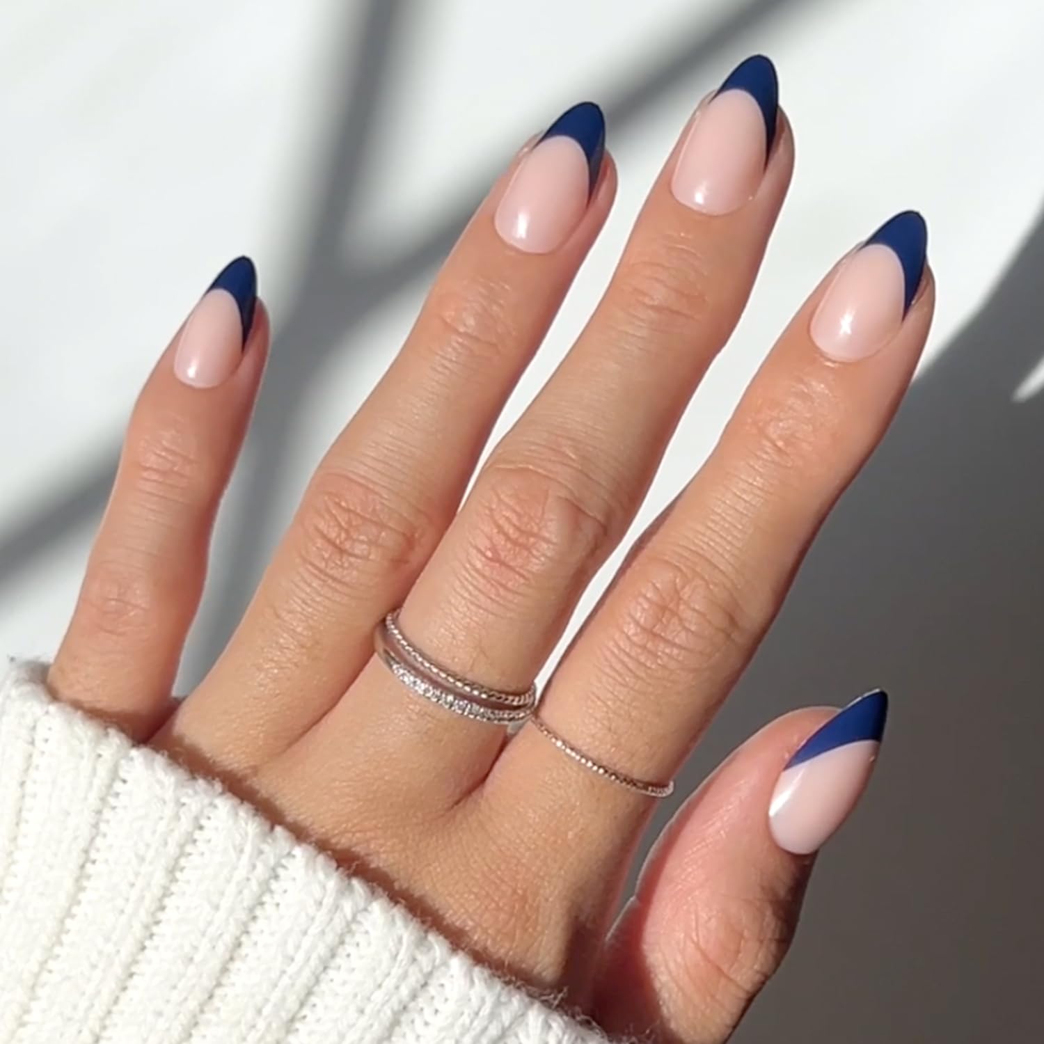 Photo 1 of Glamnetic Press On Nails - French Riviera | Semi-Transparent Navy Blue French Tip Short Almond False Nails, Reusable Stick On Fake Nails with Glue | Salon Quality | 15 Sizes - 30 Nail Kit
