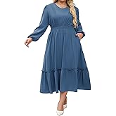 Hanna Nikole Women Plus Size Long Sleeve Casual Dress 2026 Spring V Neck Pleated Flowy Tiered Maxi Dresses with Pockets