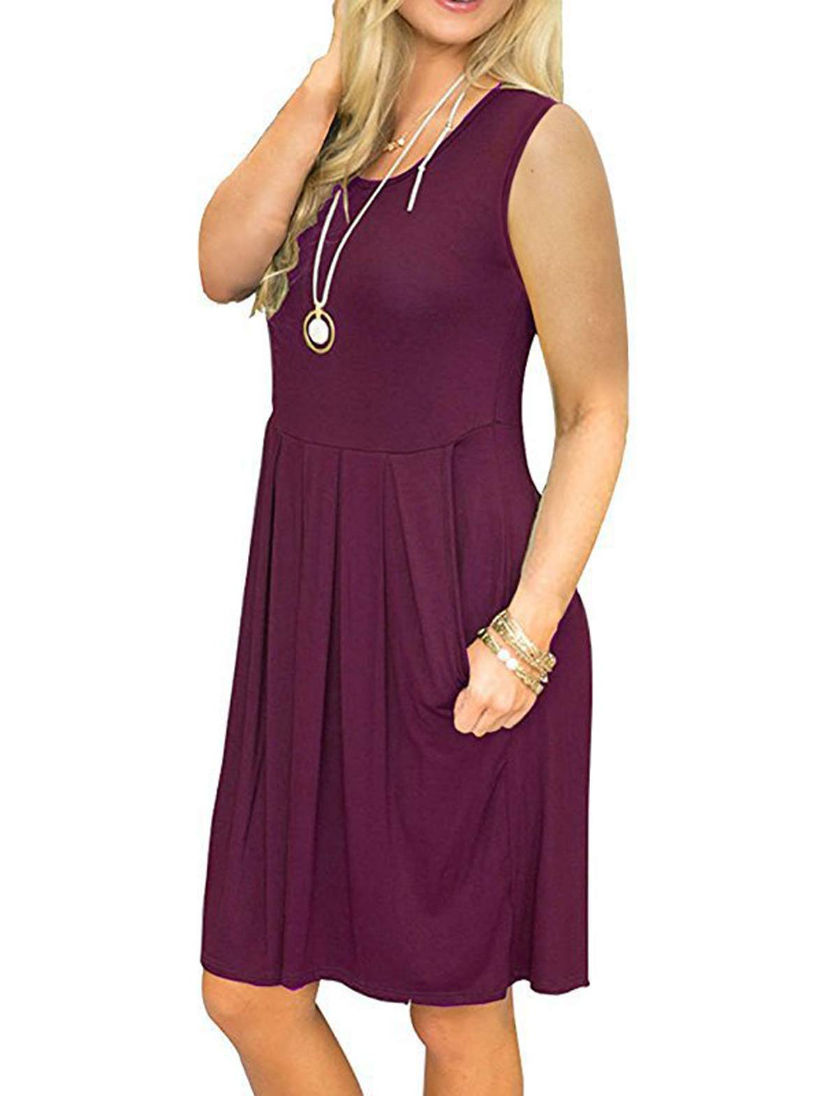 HUALAIMEI Pring Dresses for Women Mid-Length, Ladies Round Neck Sleeveless Casual Midi Dress High Waist Summer Tanks Long Tunic with Pockets Mauve M