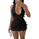 Geulis Womens Summer 2026 Sexy Bodycon Mini Dress Fringe Hatler Deep V Neck Backless Sundresses Beach Vacation Dresses