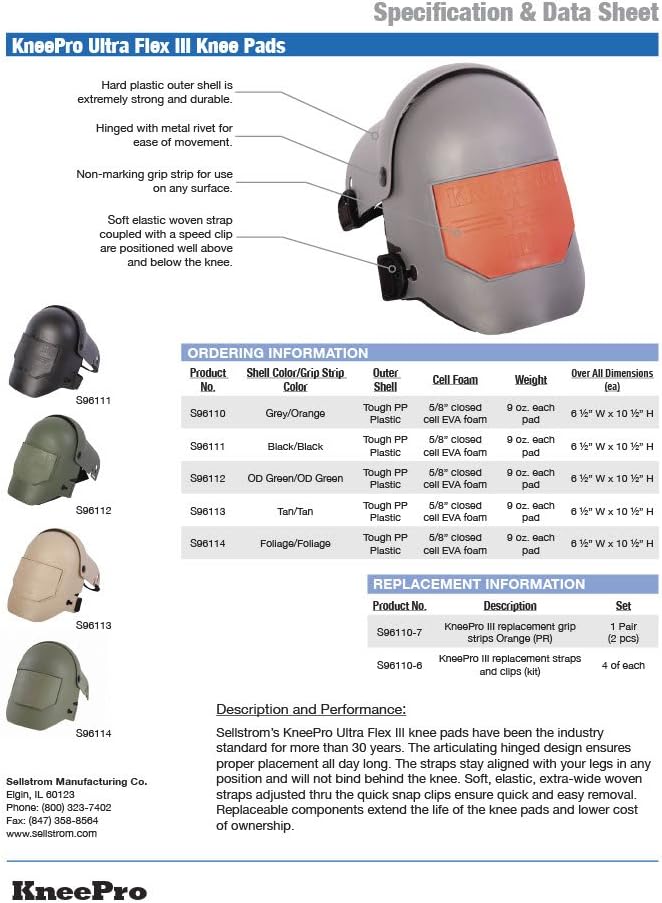 Sellstrom Knee-Pro Ultra Flex III Series Durable Hard Plastic Knee Pad and Replacement Straps