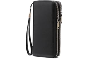 Leather Women Wallet RFID Blocking Zipper Around Phone Holder Clutch Wristlet Large Capacity, Black, Minimalist