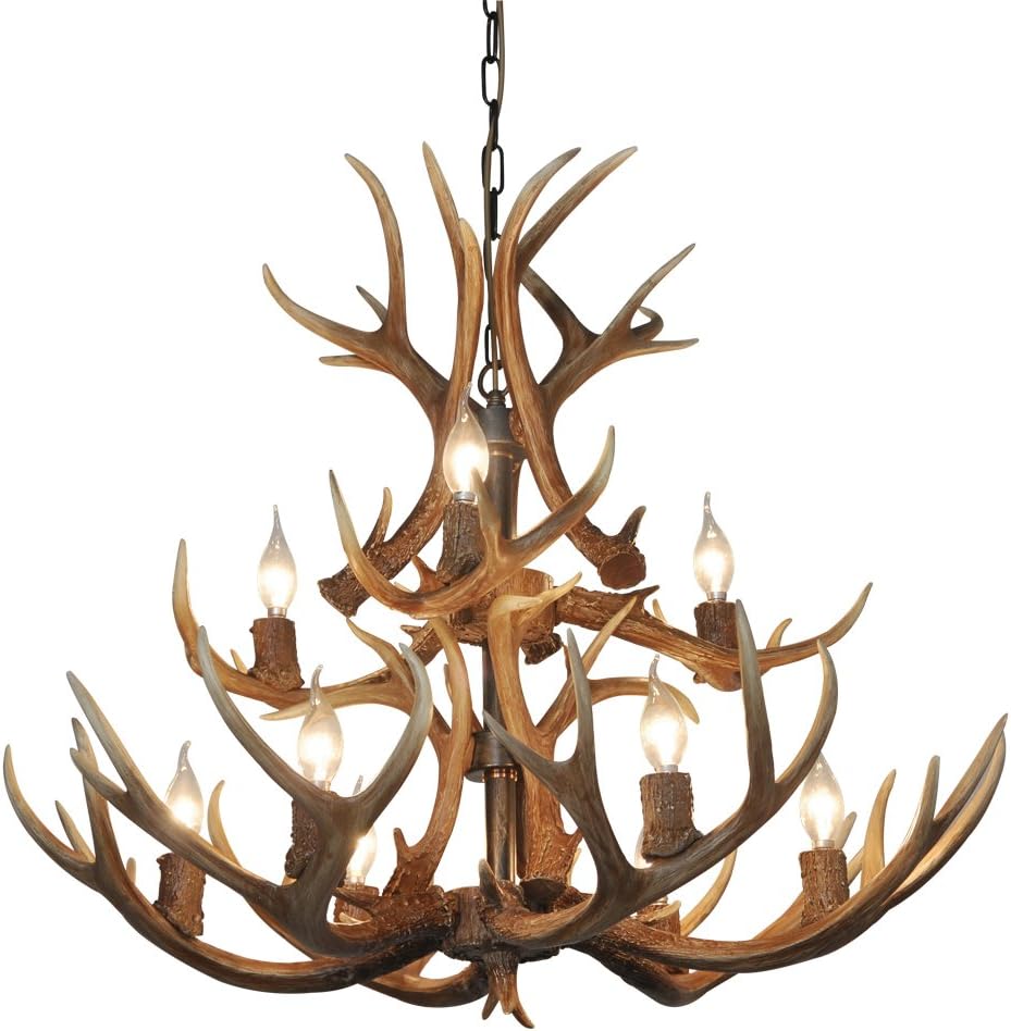 Shengdi Deer Horn E12 BUlb 9-Light Iron Resin Industrial Retro Droplight Pendant lamp Ceiling lamp Ceiling light Chandelier Lighting Fixture for Restaurant Balcony Bedroom Coffee 1017C-9