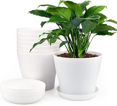 KINGLAKE 8Pcs 17cm White Plastic Plant Pots with Trays Indoor Outdoor