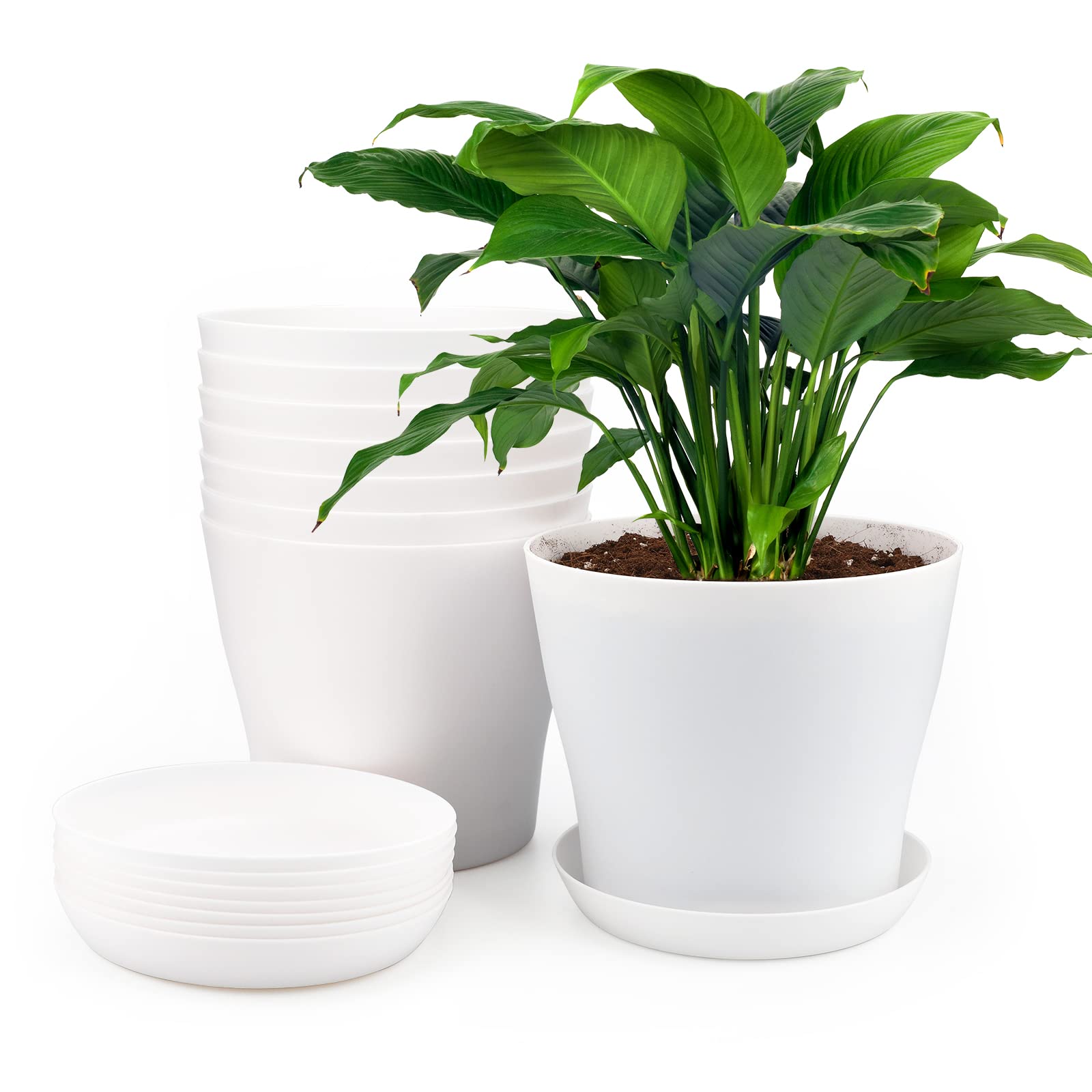 KINGLAKE 8Pcs 17cm White Plant Pots Plastic Large Flower Pots with Pallet/Tray for Indooor Outedoor Office House Desk