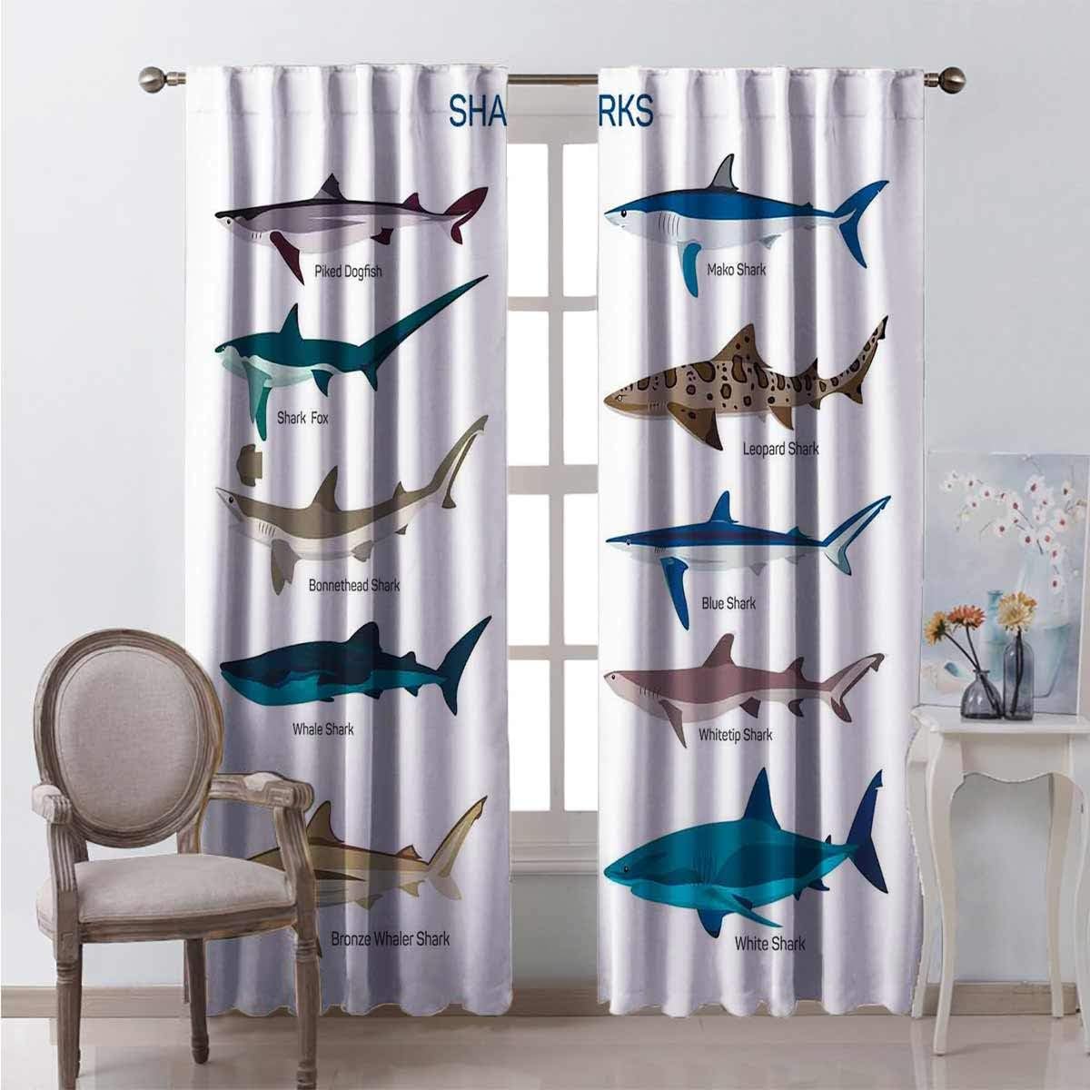Toopeek Blackout Curtain Cartoon Shark Types Wild 2 Panels W72 x L72 Inch