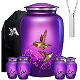 Set of 6 Hummingbird Decorative Funeral Urns for Ashes Adult Male & Female Includes 1 Large Urn with 4 Small Keepsakes & 1 Silver (Hummingbird Large Set, Urns)