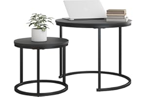 HOJINLINERO Small Coffee Table Set of 2,Round Coffee Table End Tables for Living Room,Modern Black Coffee Table Nesting Tables,Farmhouse Wood Metal Frame/Easy Assembly,Stacking Side Table