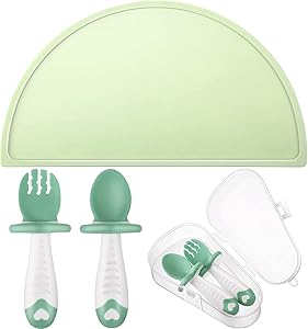 3 Pieces Baby Silicone Placemat Non Slip Placemat, Baby Mini Spoon Fork Self Feeding Toddler Utensils Portable Food Mat Reusable Placemat for Kids Baby Toddlers Home Restaurant Travel High Chairs