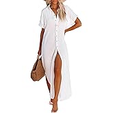 Breezy Lane Long Button Down Beach Cover Up for Women Short Sleeve Swimsuit Coverup Bathing Suit Cover Ups