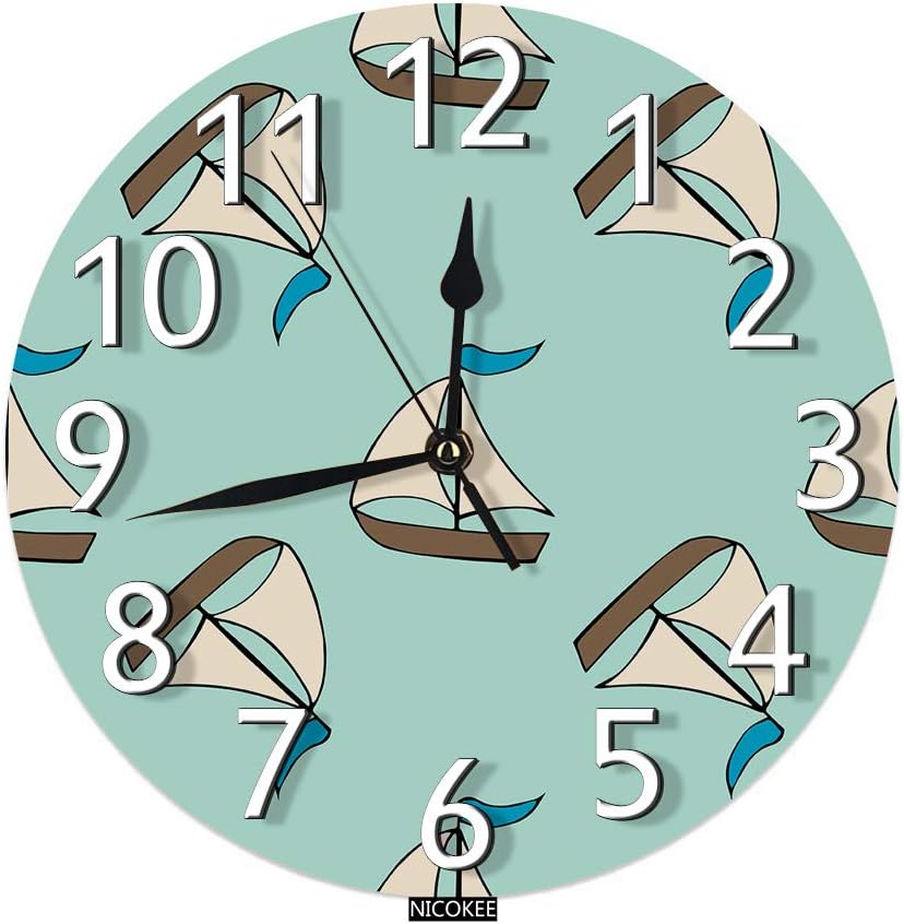 Nicokee Nautical Ship Boat Cartoon Marine Ocean Blue Wall Clock Silent