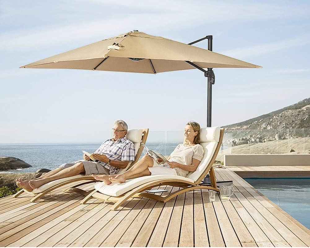 SUNCROWN 10 ft Outdoor Umbrella 360 Degree Rotation, Square Offset Cantilever Umbrella Patio Hanging Umbrella w/Dual Wind Vent, Cross Base, Beige