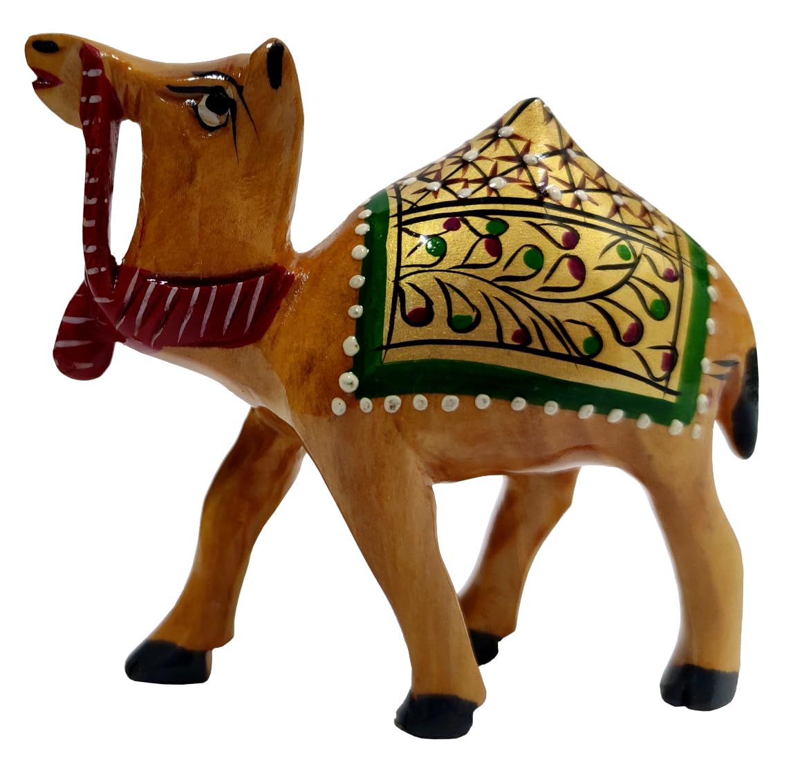 Purpledip Wooden Camel With Beautiful Fine Gold Painting; Miniature Idol Gift (11257)