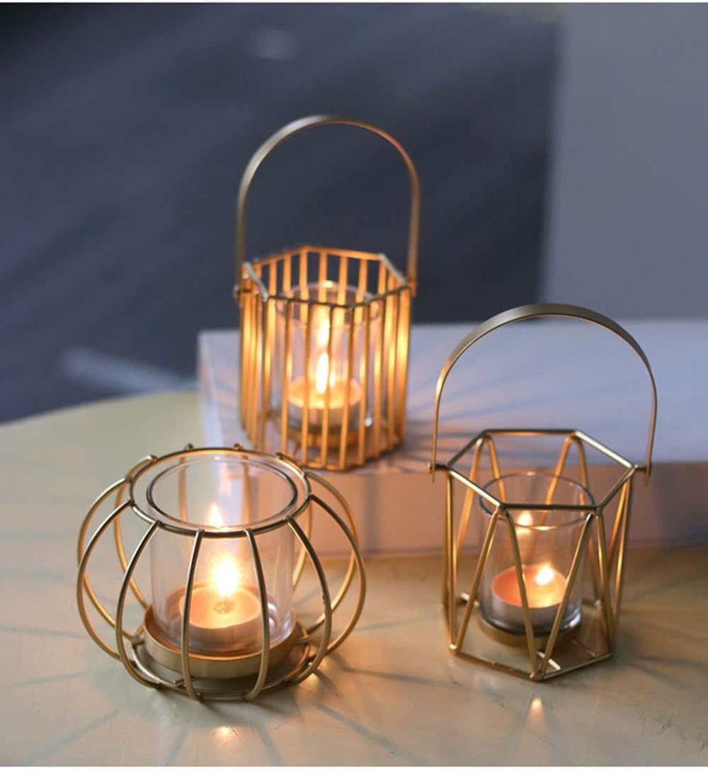 Lovecat Set of 2 Hollow Gold Candle Holders, Metal Candlesticks, Geometric Candle Stands, Home Wedding Decor Candleholders, Tealight Candlesticks, Candlelight Dinner Candleholders (Round Stripe): Home & Kitchen