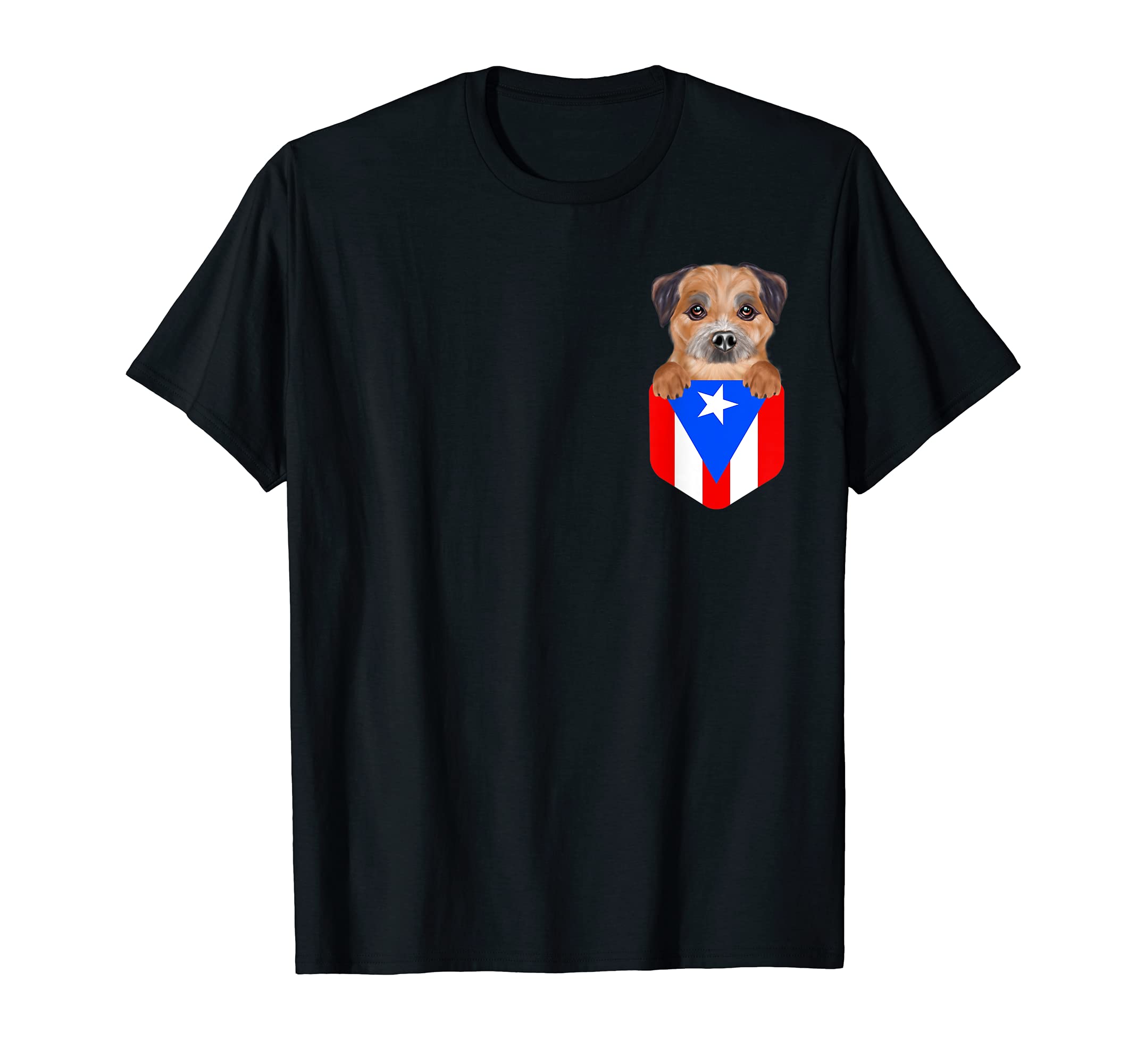 Puerto Rico Flag Border Terrier Dog In Pocket T-Shirt