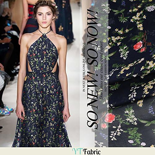 Royal Blue Silk Chiffon Fabric With Colorful Floral Pattern, Printed Silk Fabric By The Yard,1m